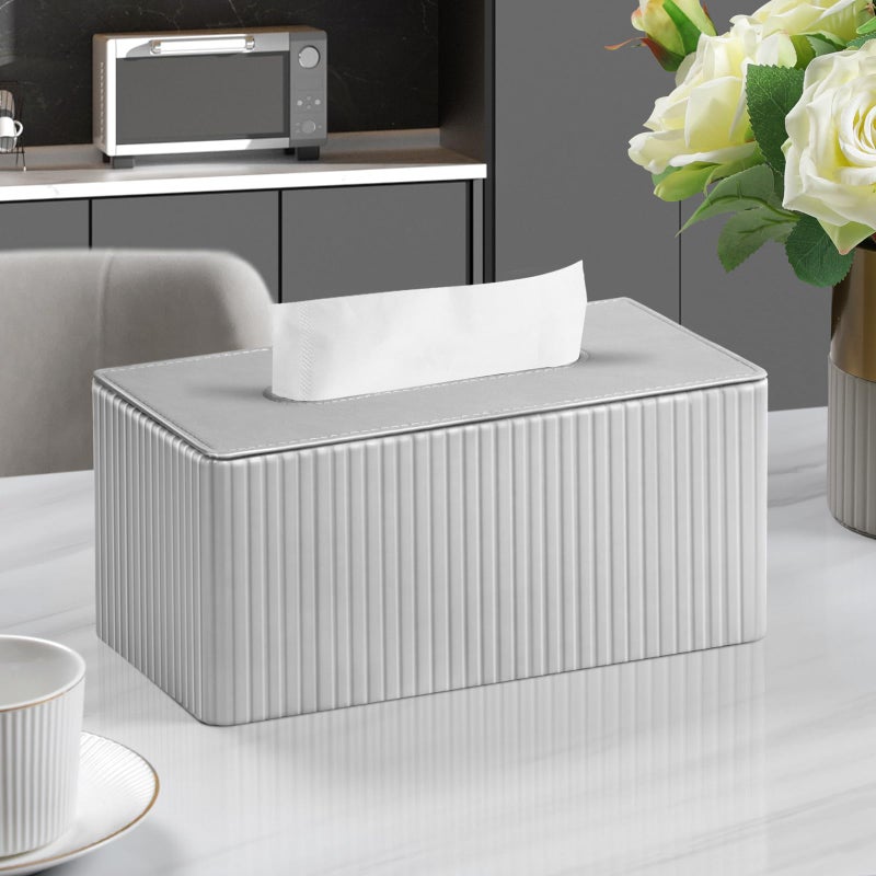 MEIBOOCH PU Leather Tissue Box Cover Rectangle Tissue Box Holder for 120-160 Count Box of Tissues (Silver) - Image 2